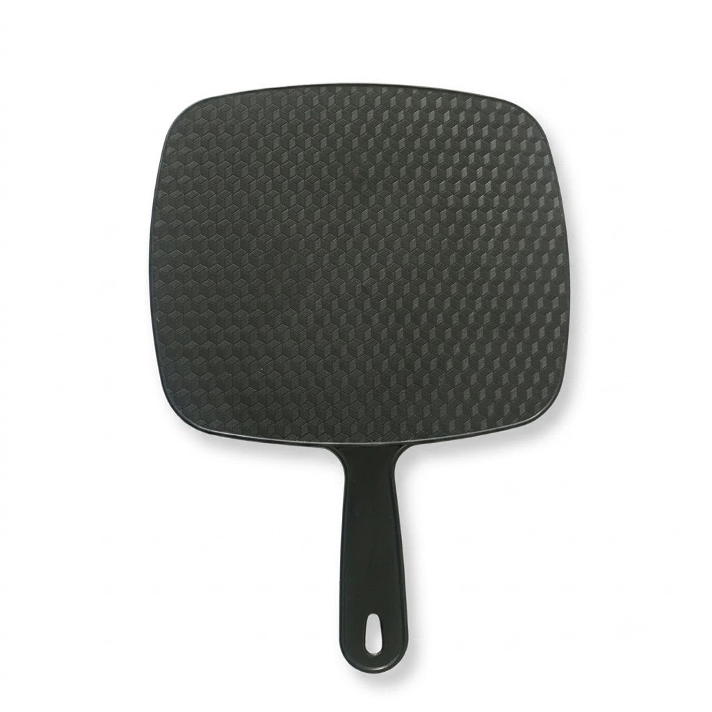 Back view of black handheld salon mirror