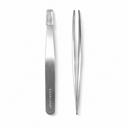 Charlene slant tip tweezers, tip detail