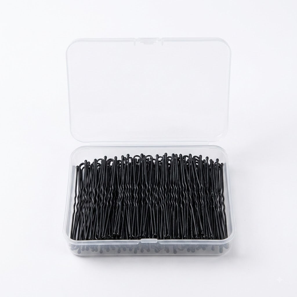 Long black hair pins in open box