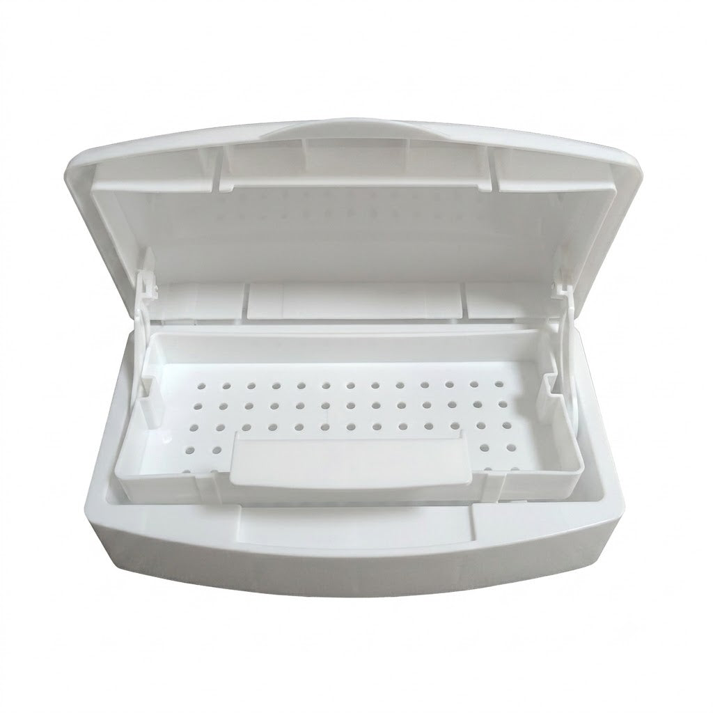 Sterilizing tray with lid and lift-out basket