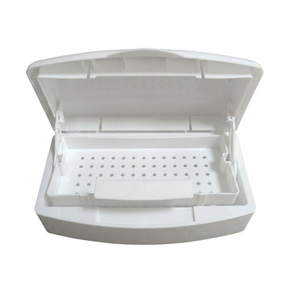 Sterilizing tray with lid and lift-out basket
