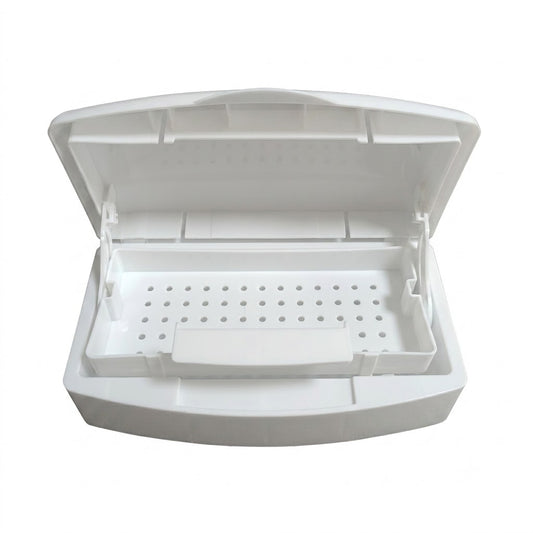 Sterilizing tray with lid and lift-out basket
